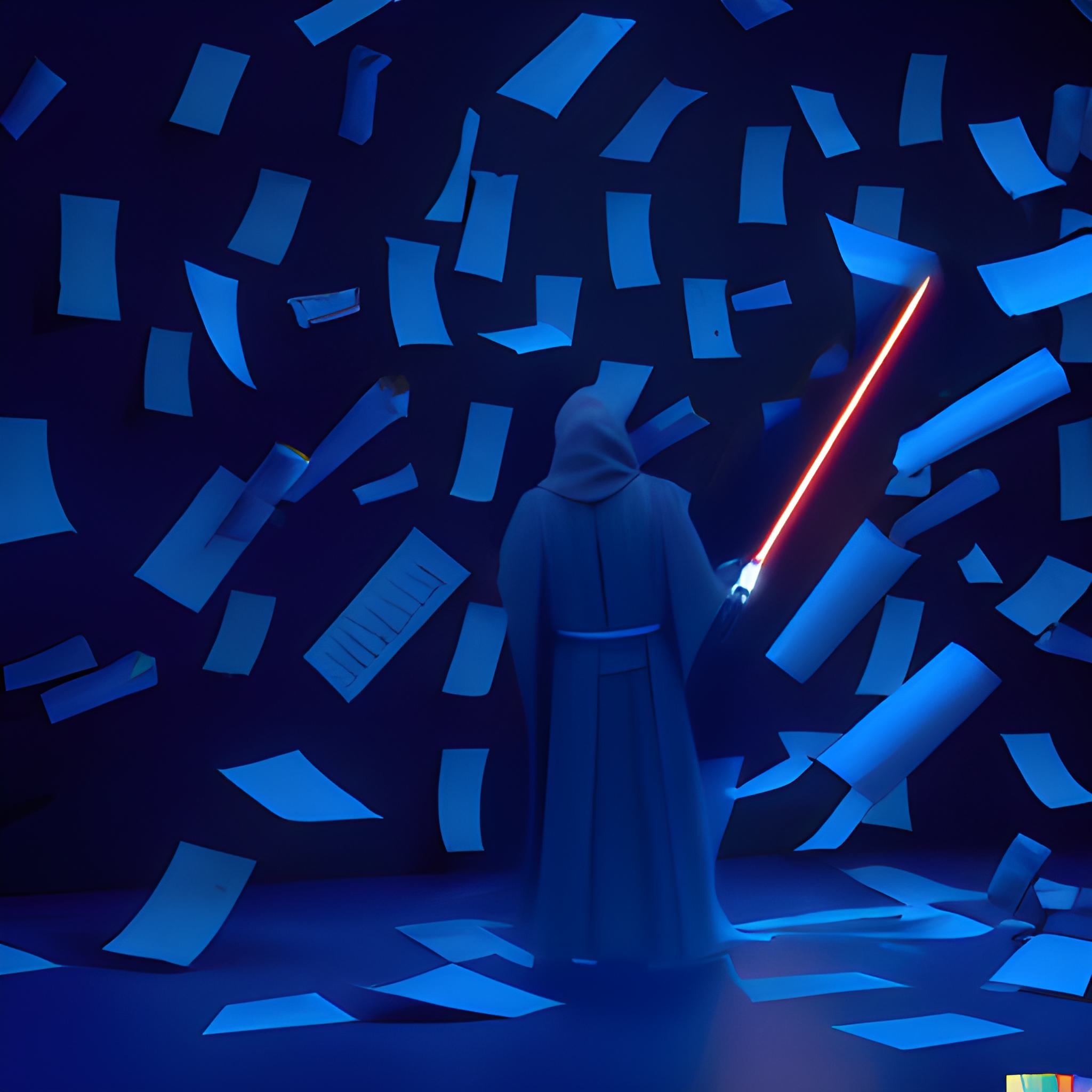 DALL·E + Stable Diffusion v1.4 - 19 pieces of paper falling in a blue room, with a large neon blue lightsaber cutting through paper, digital art